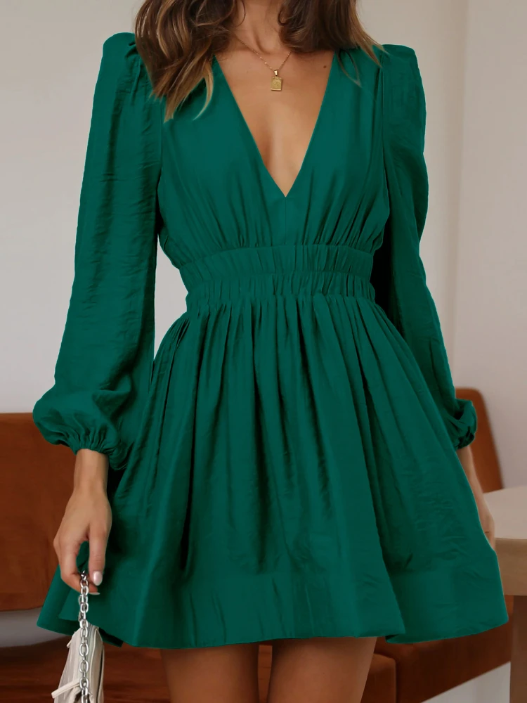 2024 Vestidos De Mujer Sexy Temperament Dresses for Women V Neck Puff Sleeve Autumn New Robe Femme Vintage Pleated A-line Dress