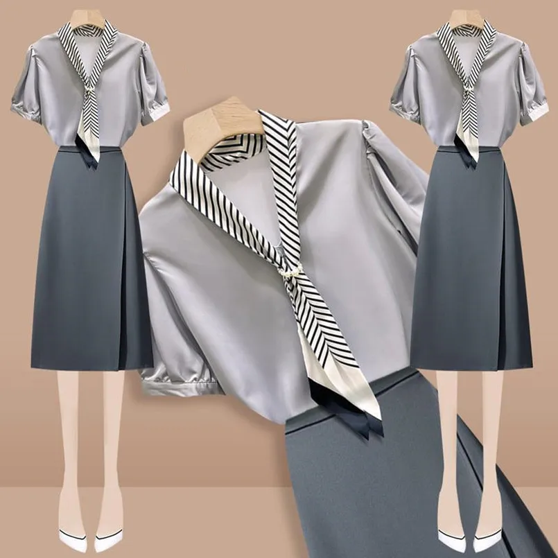 French Style Stripe Lace Up Beaded Chiffon Shirt 2023 Summer New Style Professional High Waist Skirt Set for Women