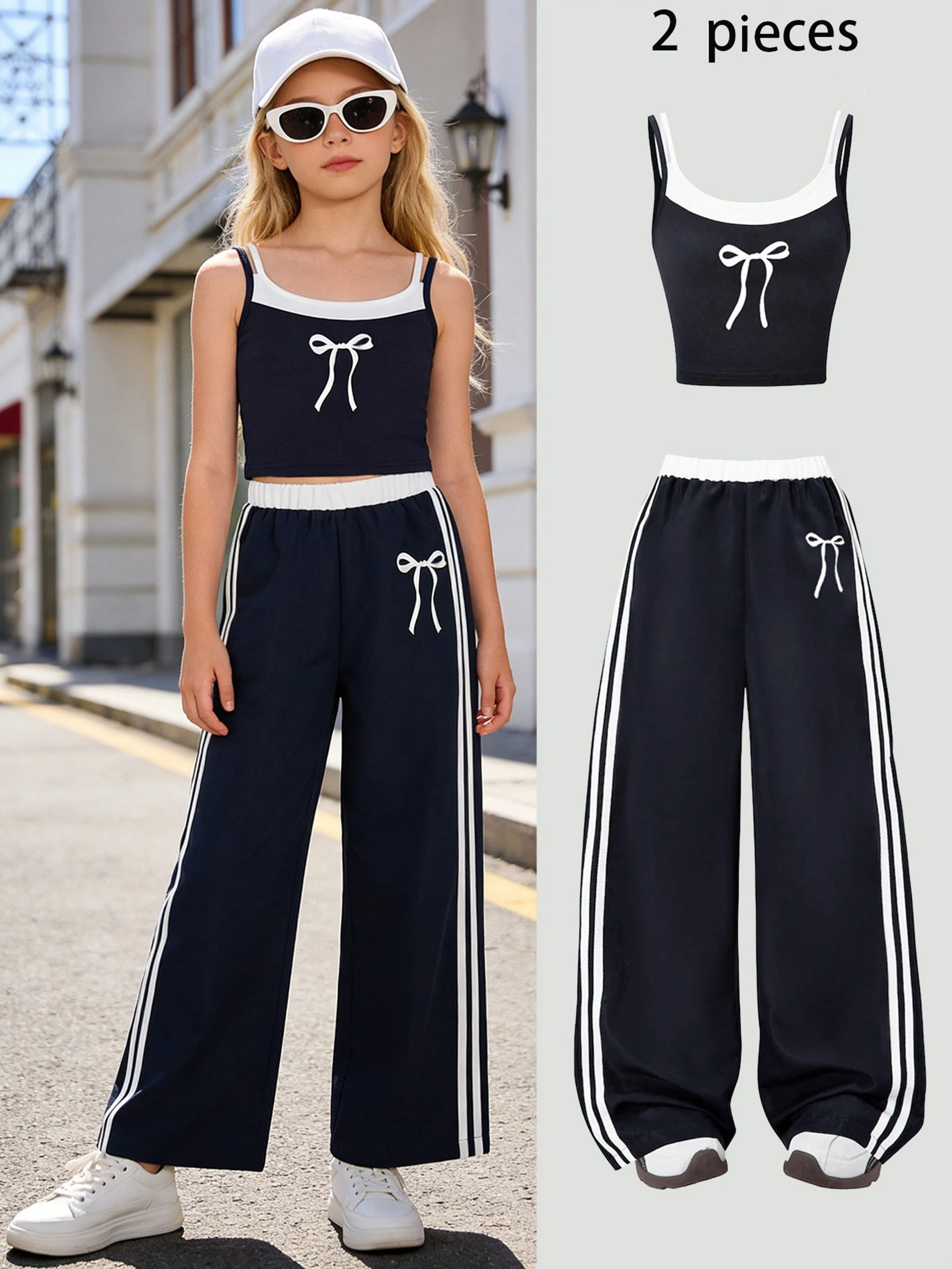 Kids Girls 2-Piece Bow Graphic Contrast Trim Spaghetti Strap Crop Tank Top & Side Stripes Wide Leg Sweatpants Set Preppy Casual