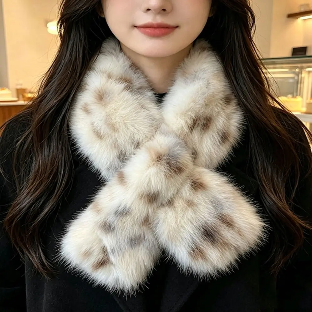 Leopard Print Neck Scarf Thickened Soft and Fluffy Pull Through Scarf Crossover Faux Fur Winter Neck Warmer Cold Weather Wear