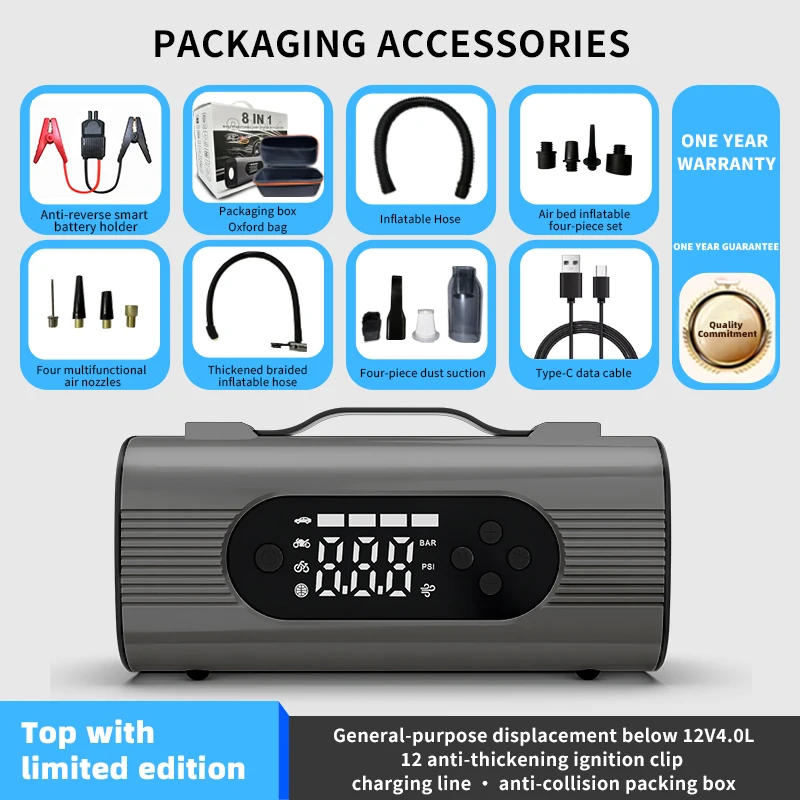 8-in-1 Car Jump Starter 150PSI Portable 12V Battery Booster Tire Inflator Emergency Power Bank Pump LCD