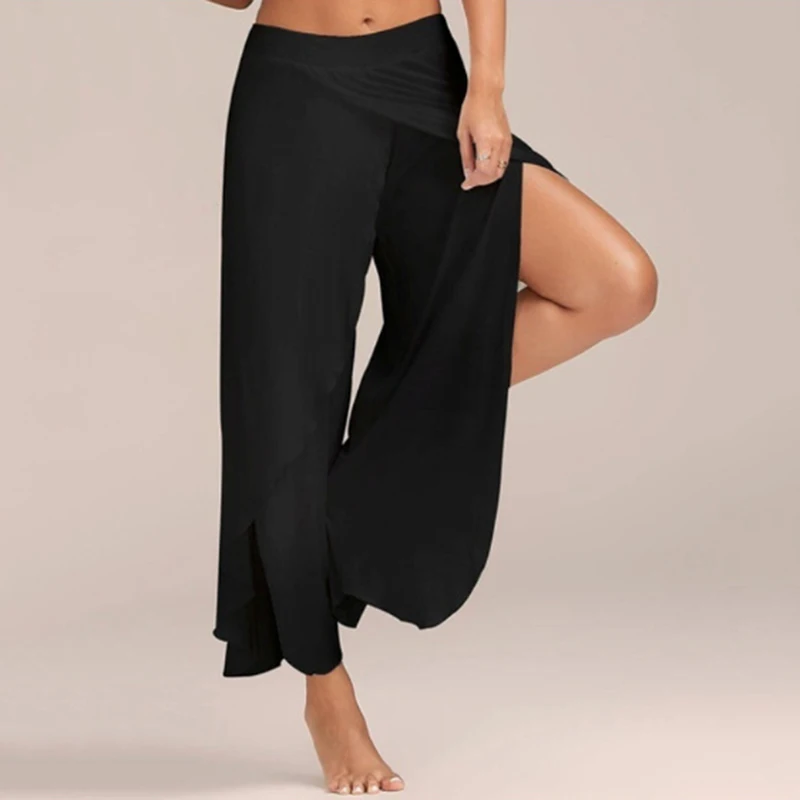 Split Wide Leg Ankle-Length Pant Solid Loose Elastic Waist Open Straight Trouser Holiday Casual Women Clothing Summer Yoga Sport