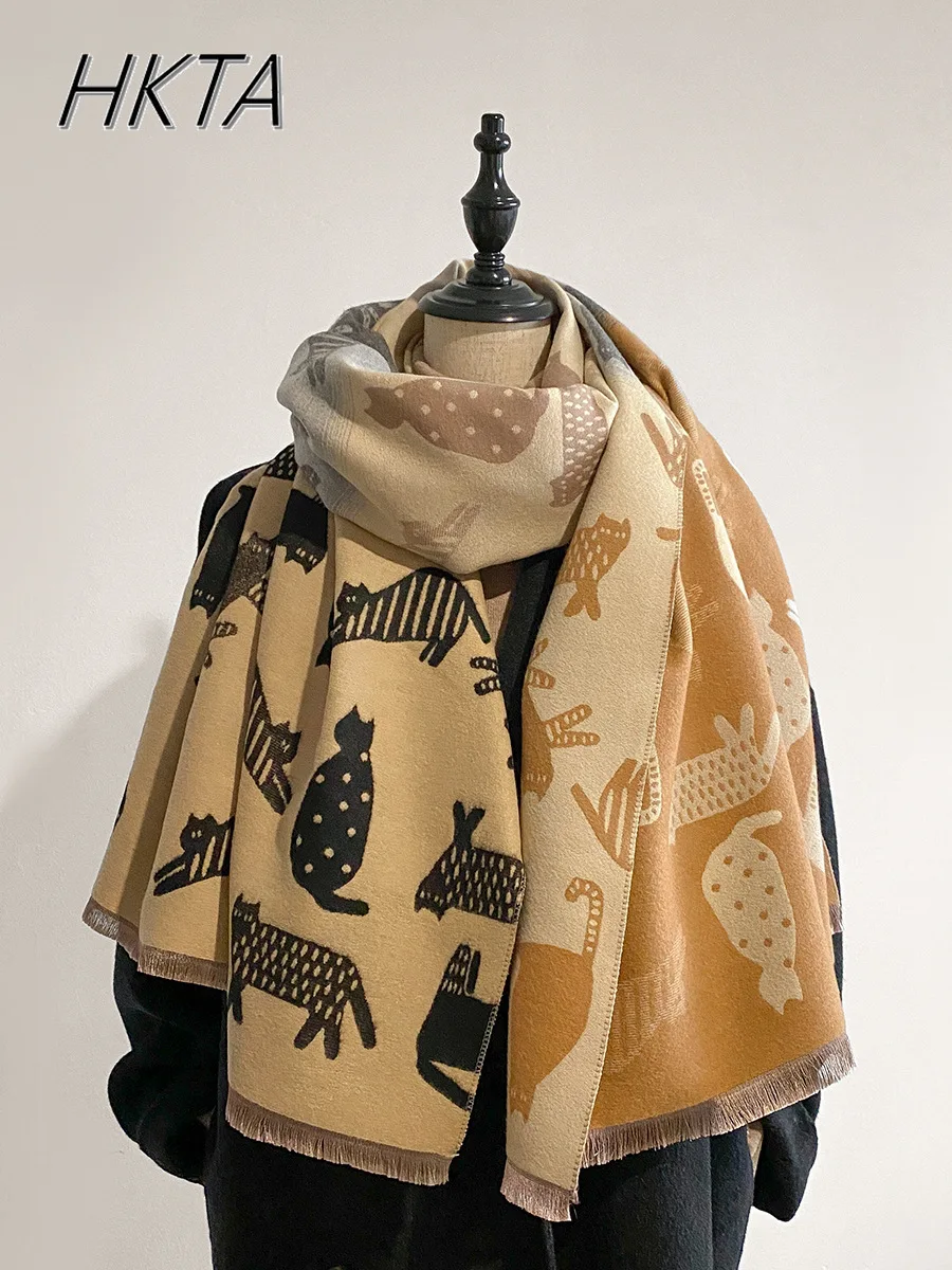 

Korean Niche Scarf Autumn and Winter Versatile Color Matching Cartoon Cat Length Thickened Warm Imitation Cashmere Shawl Scarfs