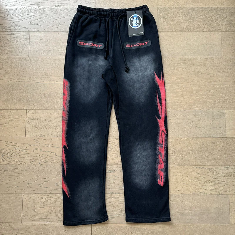 

Retro Hip Hop Ro Loose Cotton Straight Leg Casual Sweatpants Waed out Torn Letter Print Pants American Sle Youth Wear