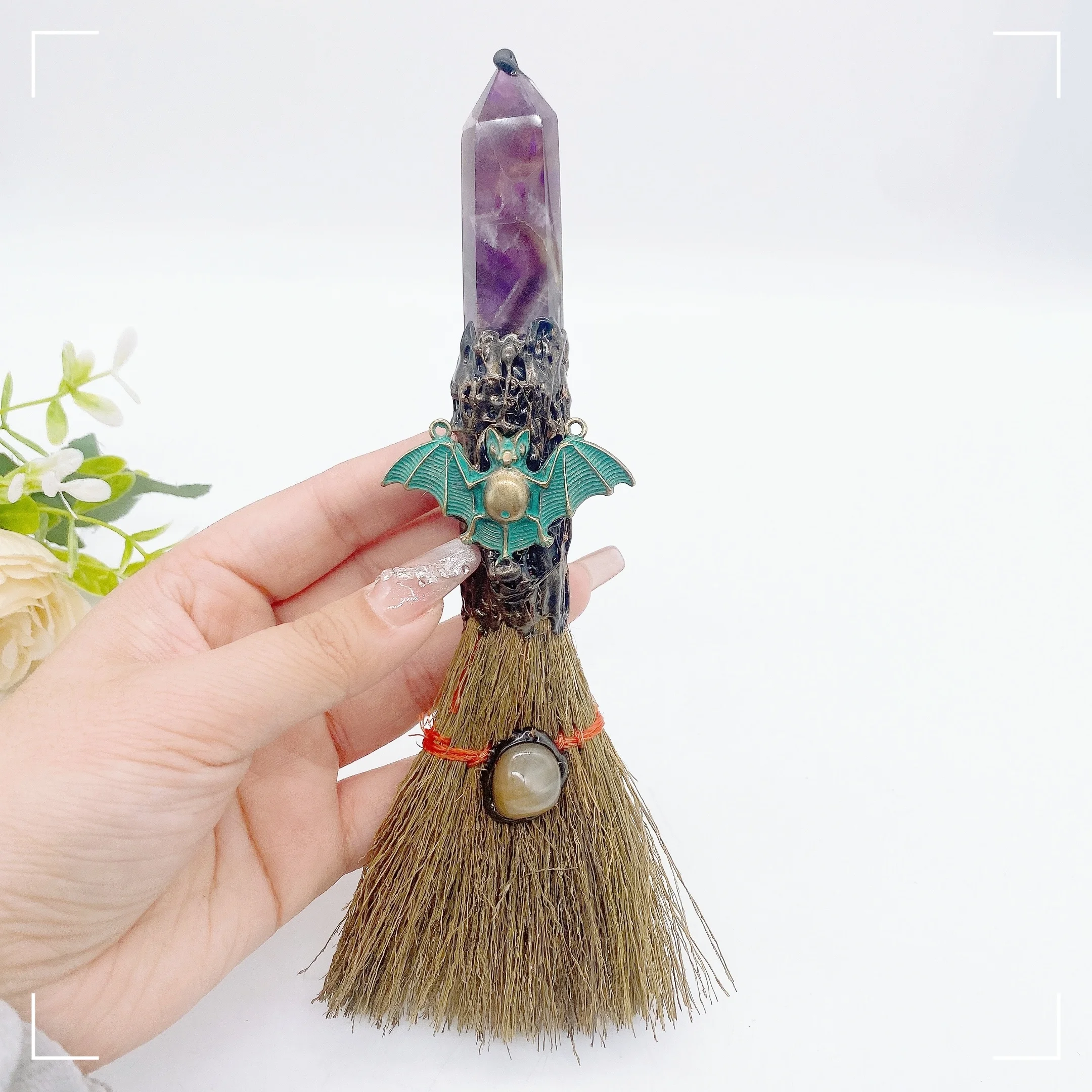 Natural Crystal Magic Broom Natural Unakite Amethyst Point Craft Witch Broomstick Divination Energy Reiki Healing Home Decor