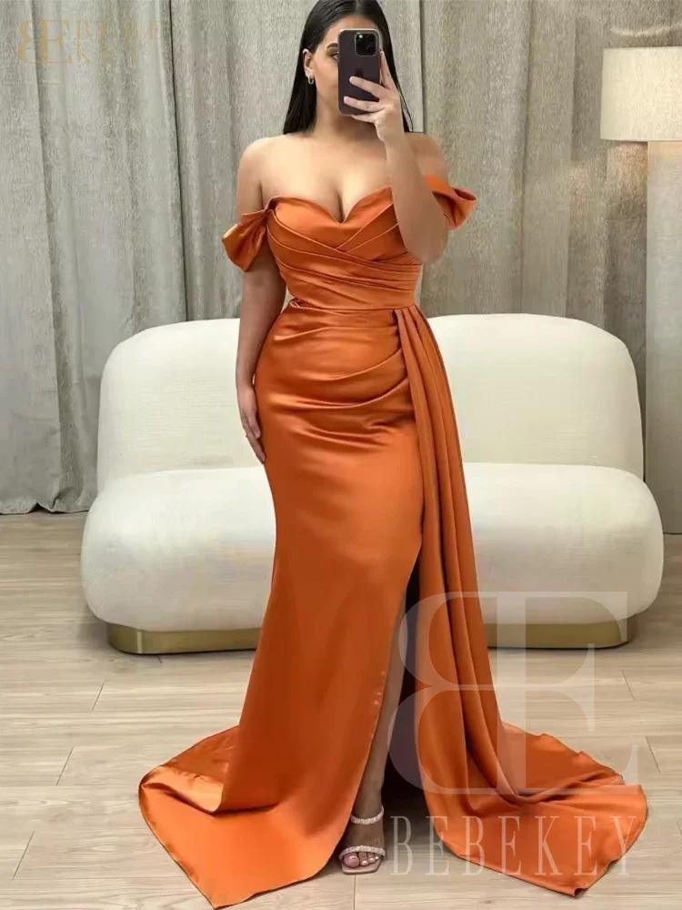 BEBEKEY Elegant Off-the-Shoulder Satin Bridesmaid Dress Orange with Side Split Customized Evening Formal Gown for Wedding Party