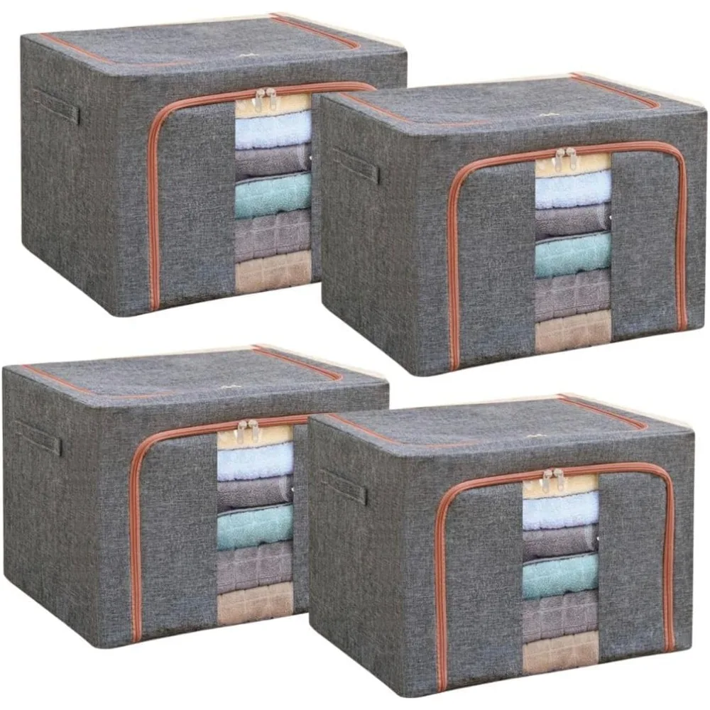 

4 Packs of Large Clothing Storage Boxes - Stackable Metal Frame Storage Boxes Foldable Oxford Fabric Clothing Storage Boxes