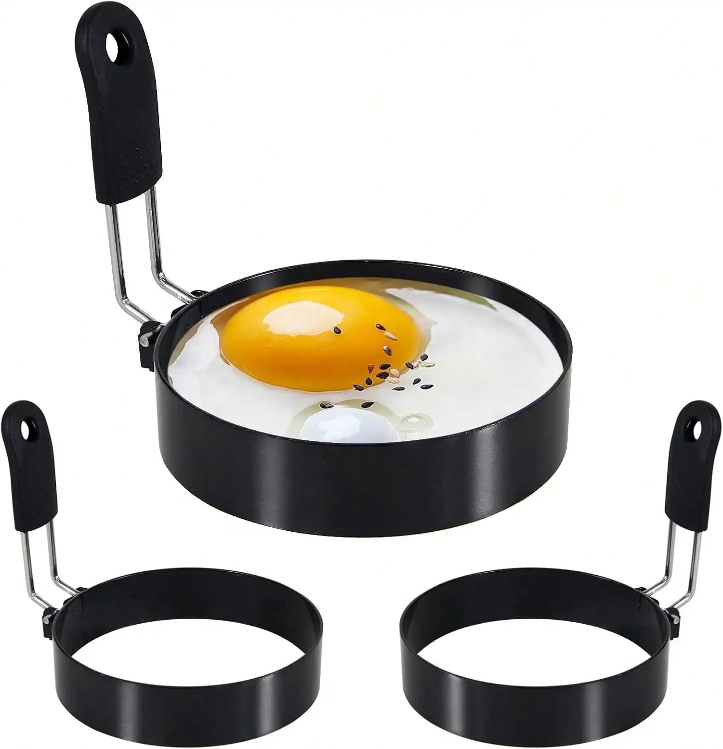 Premium Silicone Handle Egg Ring Set Stainless Steel Egg Rings With Non-Stick Coating, Perfect For Omelettes And Elegant Breakfasts. Easily Create Delicious Egg Cup Sandwiches, Pancakes, And Other Delicacies. Create Perfectly Round Eggs On Your