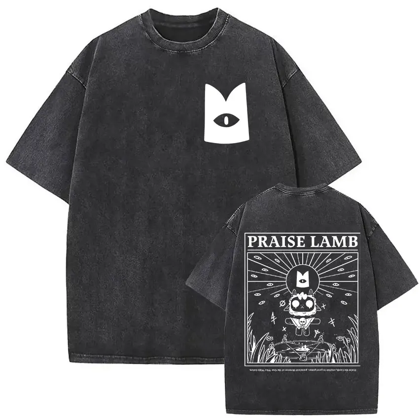 Vintage Washed Cult of The Lamb Game Fans Print T-Shirts für Herren und Damen, lässige Mode, 100% Baumwolle, Kurzarm-T-Shirt, Oberteile, Kleidung