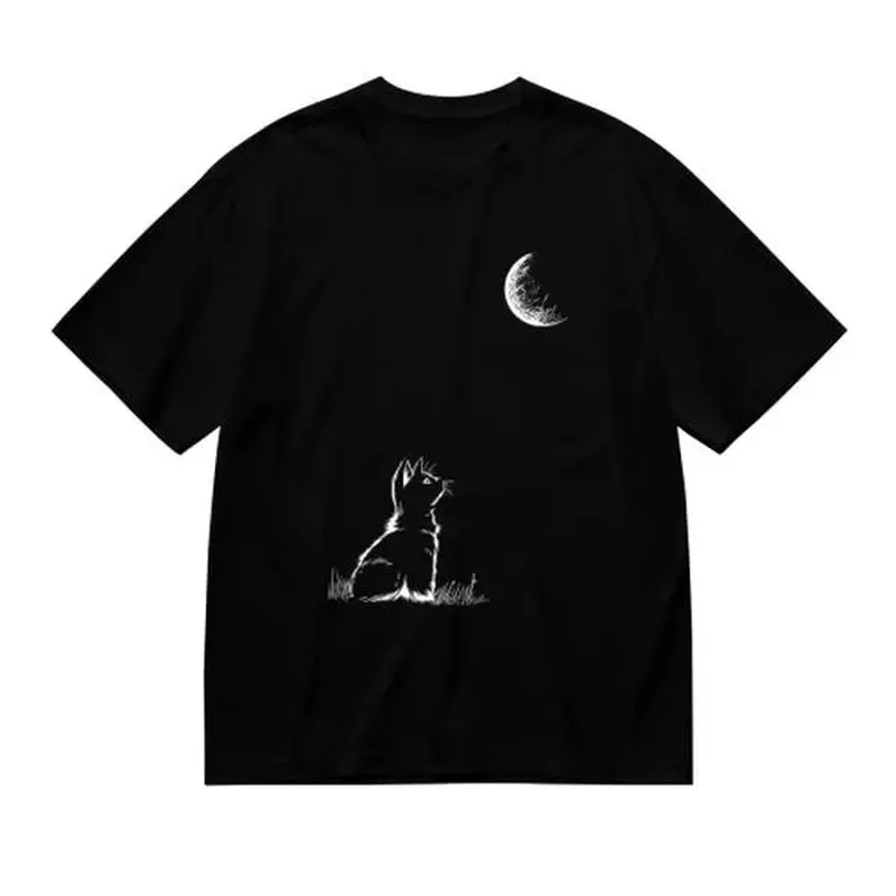 Cotton Short Sleeve T-Shirt Men's Fashion Abstract Moon & Kitten Print T-Shirt - Casual Round Neck Short Sleeve Tee for Summer, Perfect for Leisure & Camping