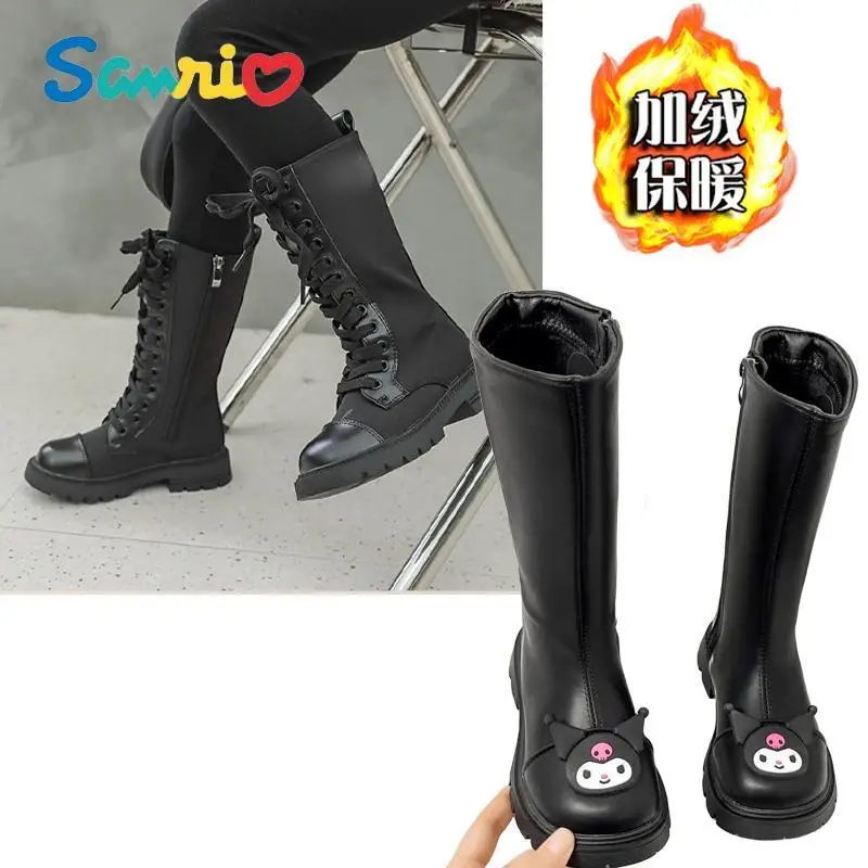 Anime Kawaii Sanrios Kuromi Girl Long Boots Autumn Winter Kids Martin Boots Soft Sole Plus Princess Fleece High Boots Knee Shoes