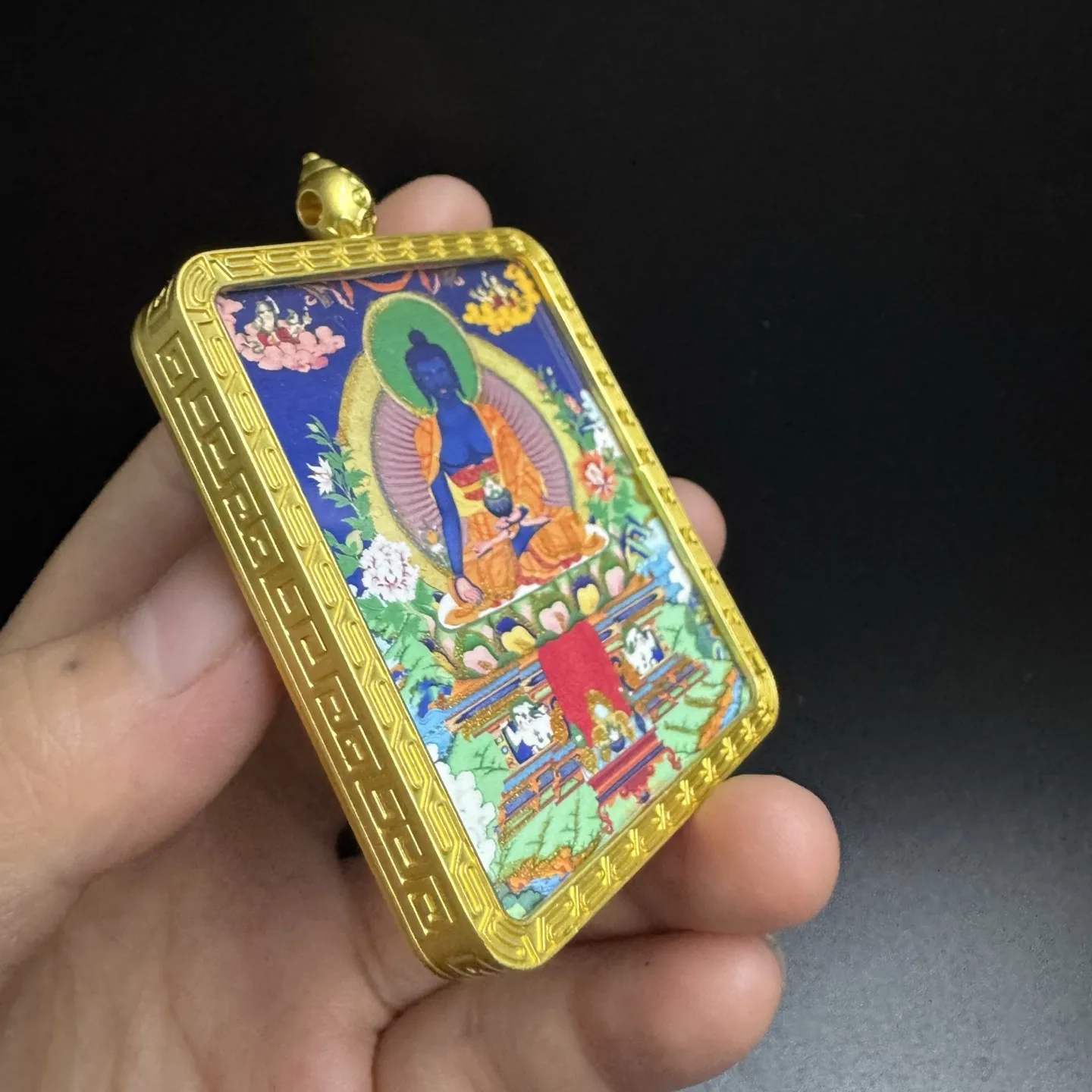 Hotong Nepalese Tibetan Style Small Hand Painted Medicine Buddha Thangka Pendant