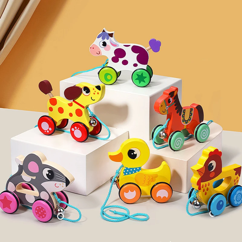 

Funny Wooden Drag Cartoon Animal Car Hand Pull Tow Rope Baby Toys Cute Wooden Pull Toy Boy Girl Early Learning Walker Toy