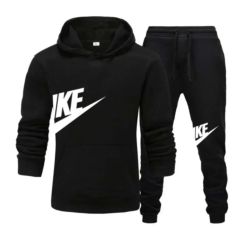 Men skin-friendly sportswear set. Graphic hooded sweatshirt and elastic waist joggers, loose fit for all seasons.