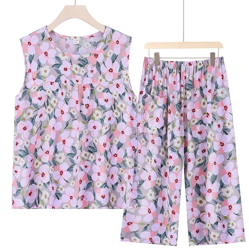 Summer Pajama Sets Middle Aged Mother Plus Size Homewear Flower Home Service Two-piece Thin Sleeveless Sleepwear Outside Wear