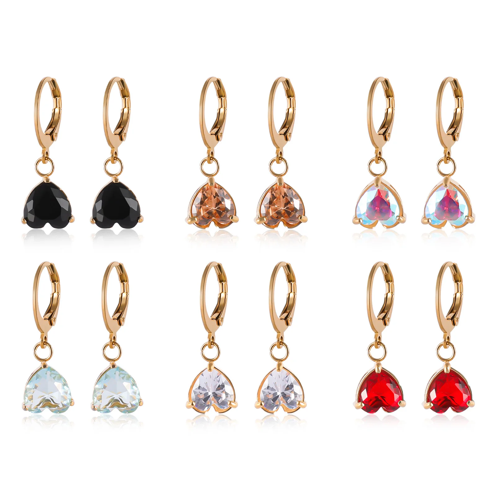 

6 Pairs Leverback Dangle Earrings Set, Surgical Stainless Steel Multicolor Round Heart Square Cubic Zirconia Drop Earrings