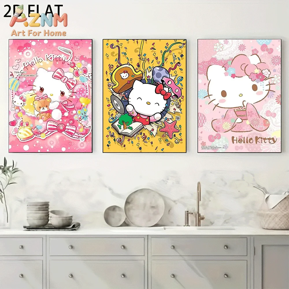 AZNM Hello Kitty Canvas Wall Art Unframed Cute Cartoon Print Poster Festival Kimono Style Design for Girls Bedroom Living Room H