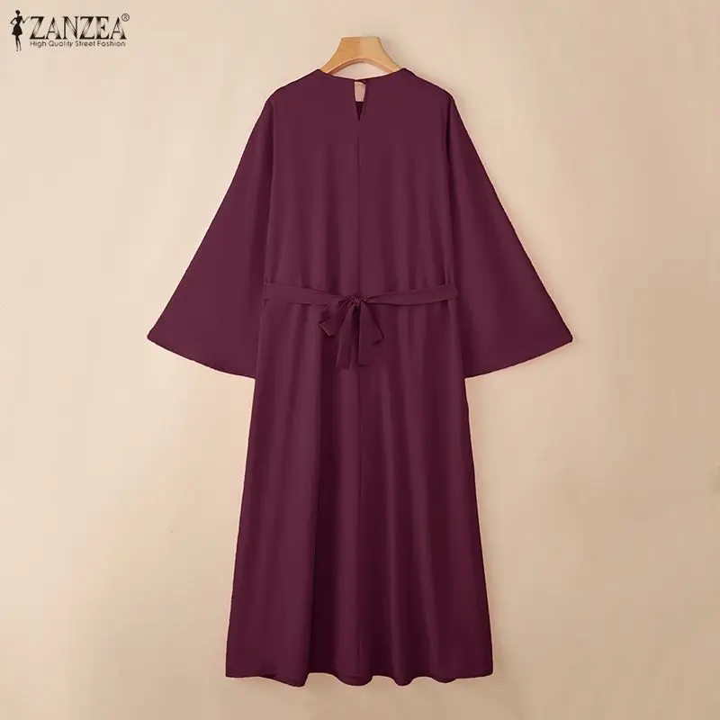 ZANZEA Hijabs Womens Baggy Maxi Dress Modest Fashion O-Neck Flare Sleeves Tie-Waist Eid Abaya Robes Muslim Ramadan Long Dresses