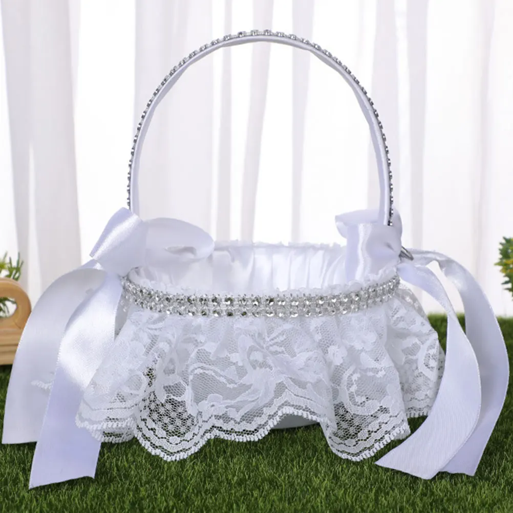 

2 Pcs Wedding Flower Baskets Elegant Cloth Storage White Decor Girl H made Lace Charm Petal Gifts Banquet Party