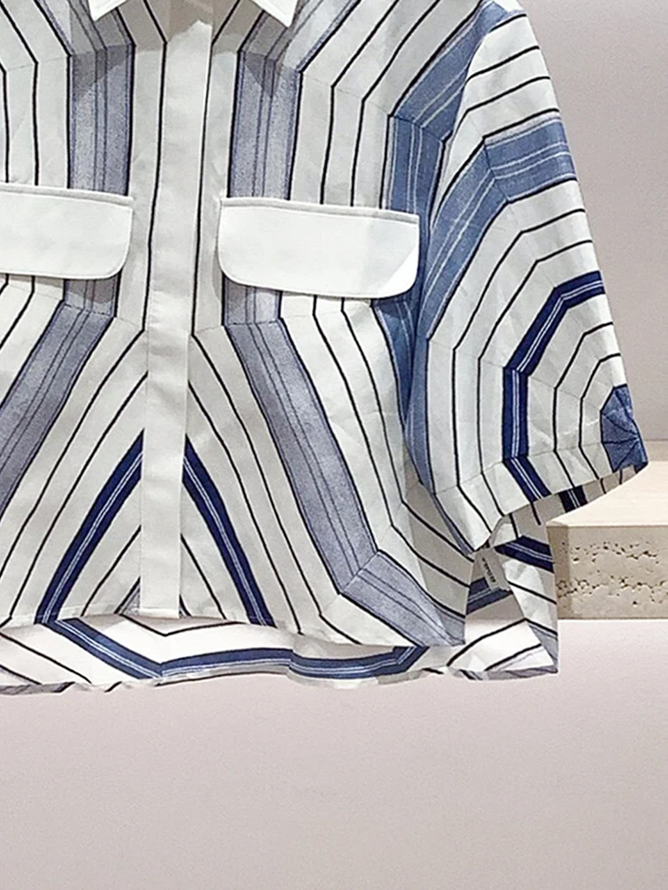 

Faionable ort irt Collar Striped Print Top Ele Youthful Design Commute Sle Loose Fit Printed Patchwork Sve Length