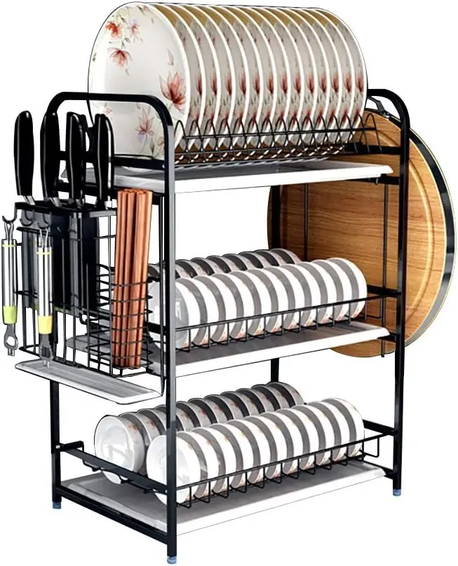 Sink Dish Drying Rack, 3-Tier Large Dishes with Removable, 304 Stainless Steel, Drain & Dry Plates Bowls Cups, Kitchen Rack