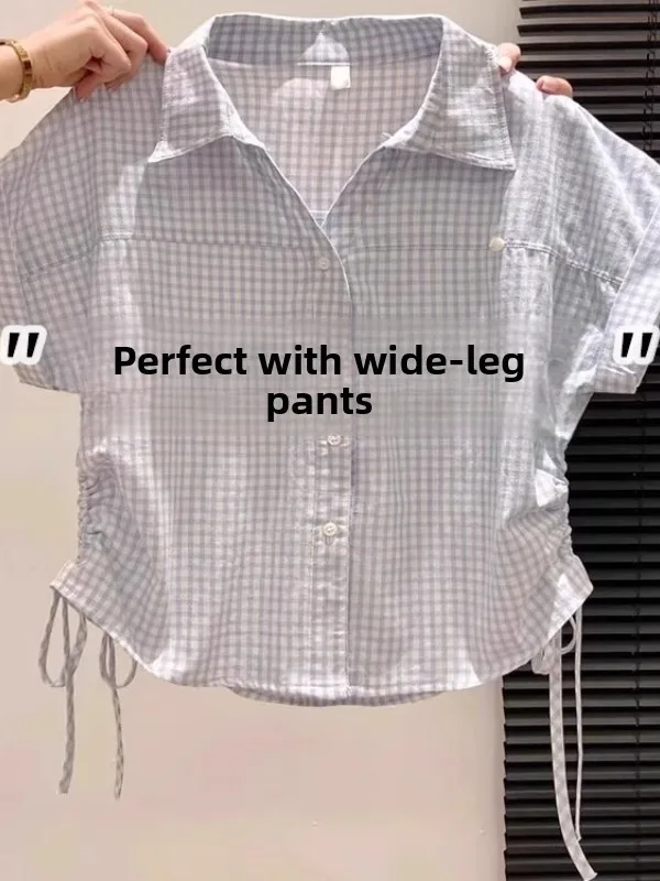 

Женская модная рубашка в клетку Slim Fit с воротником, летняя, новый стиль, с завязками, корейская версия, из смесового хлопка и полиэстера