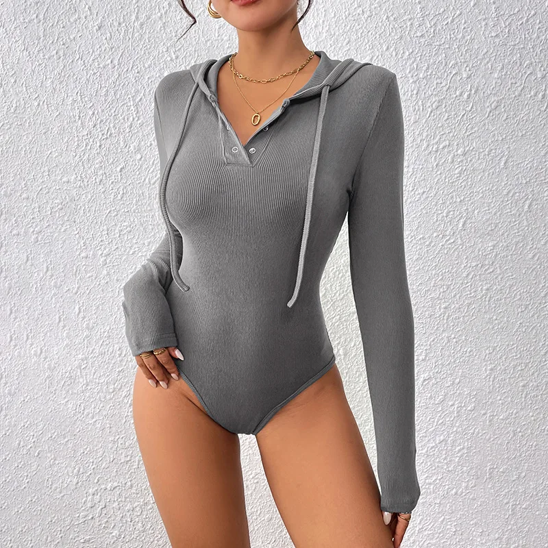 

CHILLGIO Solid Long Sleeve Bodysuit Women Fasion Hooded Ribbed Romper Bodycon Catsuit Ins Casual One Pieces Combination Jumpsuit