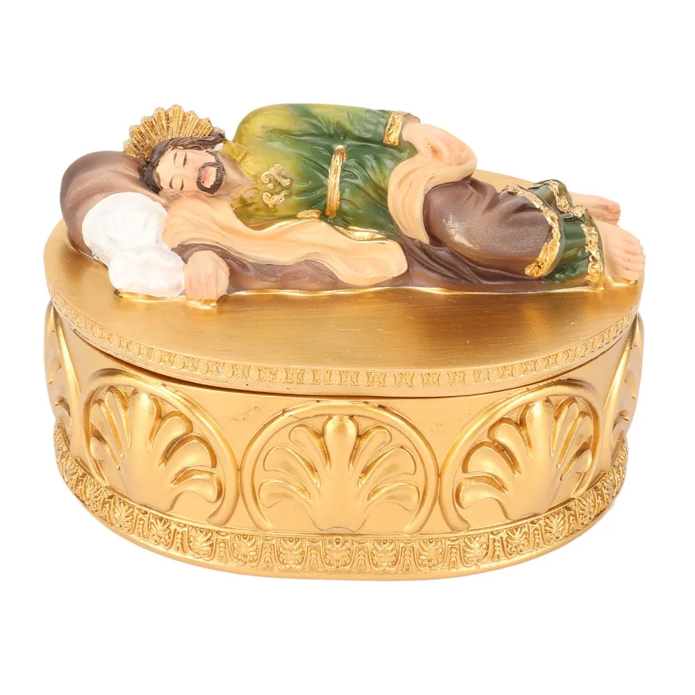 2pcs Resin Rosary Jewelry Box Gold Hand-Painted Catholic Decorative Box 5.8 Inches Exquisite Workmanship Sleeping Saint Box