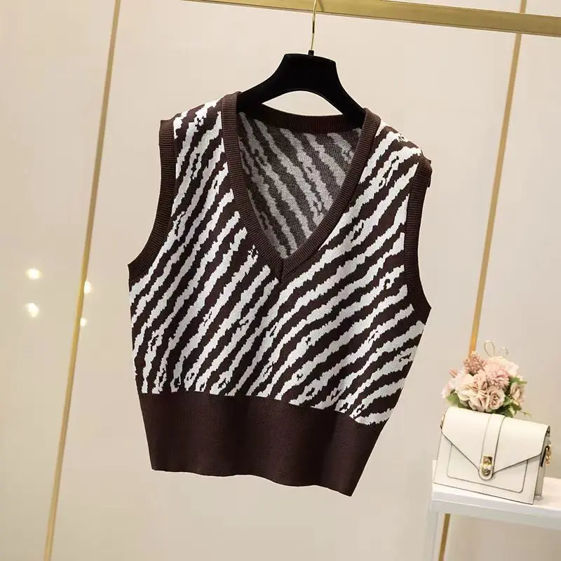 New Knitted Vest for Women in Autumn and Winter Zebra Pattern V-neck Korean Style College Style Shoulder Top for Women