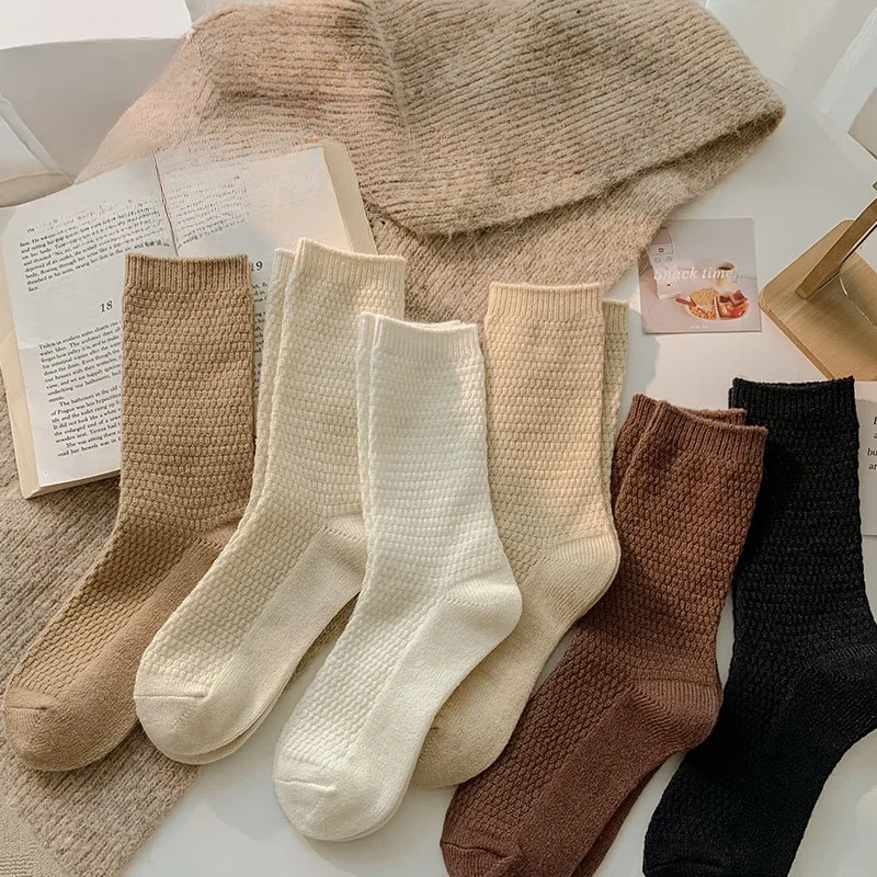 Winter Loose Socks Japanese Korea High School Girls High Socks Women Cotton Solid Colors Knitting Rib Basic Daily Long Sock