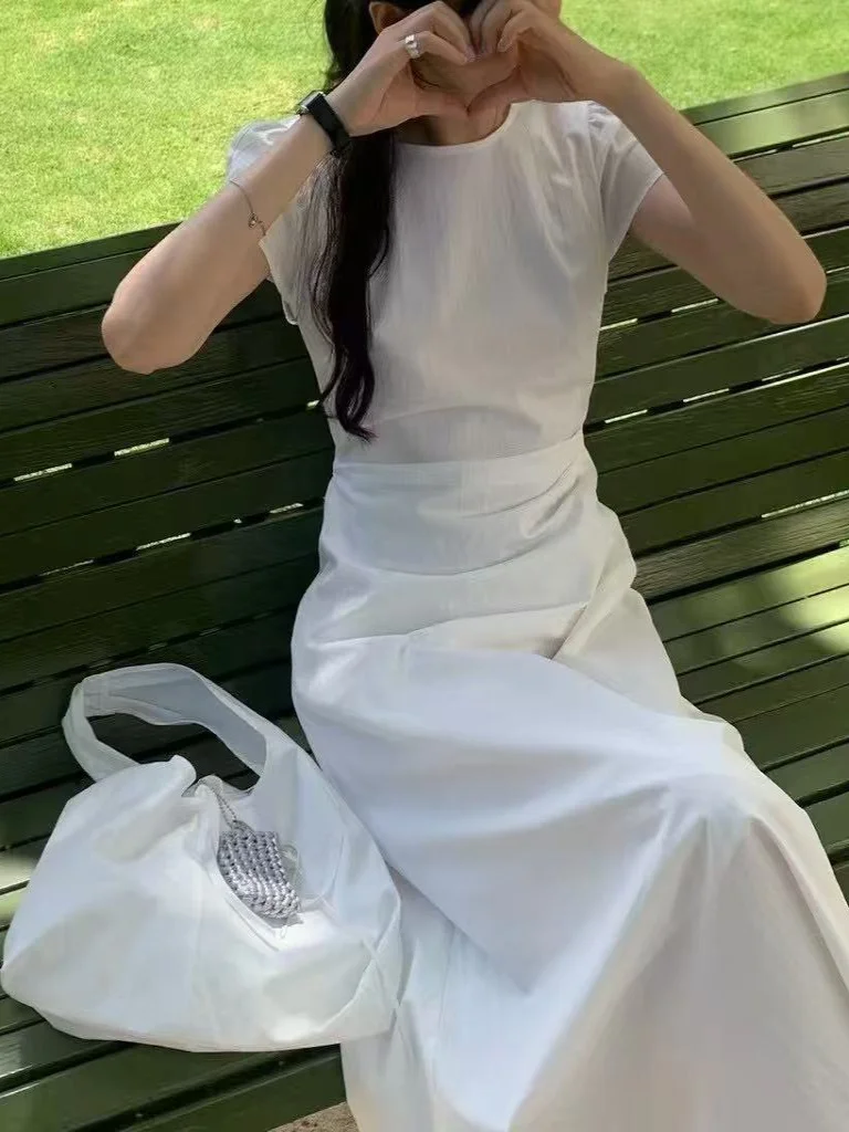 Korean Style Sweet Waist Cinched Short Sleeve Dress Women's Summer Beautiful Long A-Line Skirt with  Knot Bag