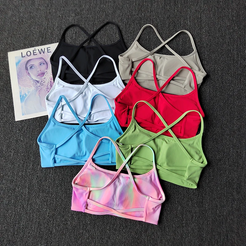 Women's Solid Color Fitness Bra Soft Cross Back Push-Up Yoga Gym Sports Top with Chest Pad Yoga Vest Sport Crop Top