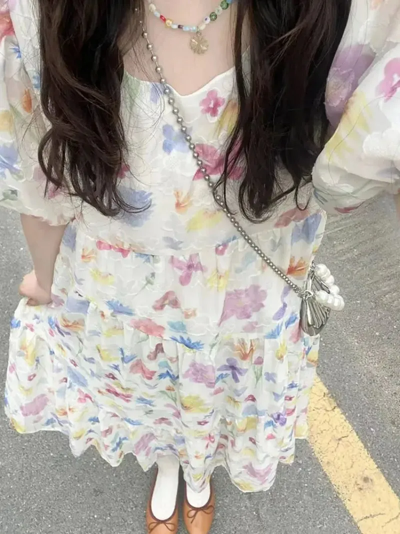 2025 新しい夏の甘い Y2k ドレス女性スーパー妖精気質バブルスリーブ花柄ドレス女性スリムガール服