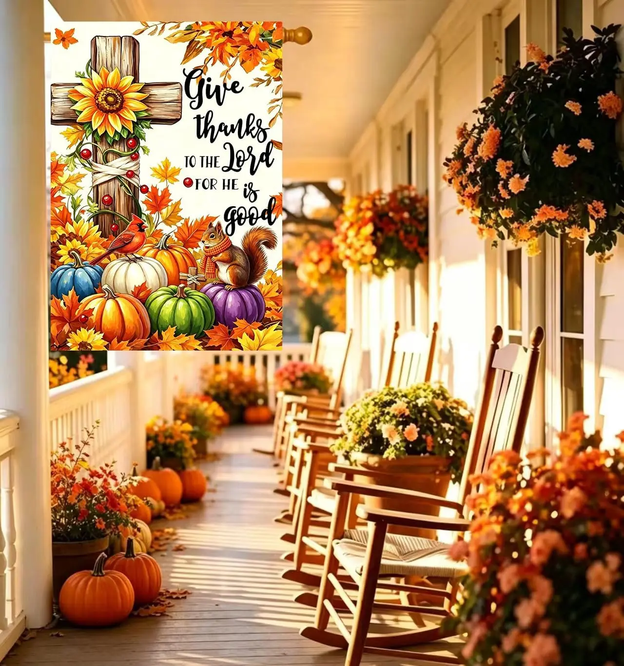 Large Fall Thanksgiving Garden Flag for Outside 28x40 Inch Double Sided | Bright Vivid ,Give Thanks to the Lord Cross Pumpki llp