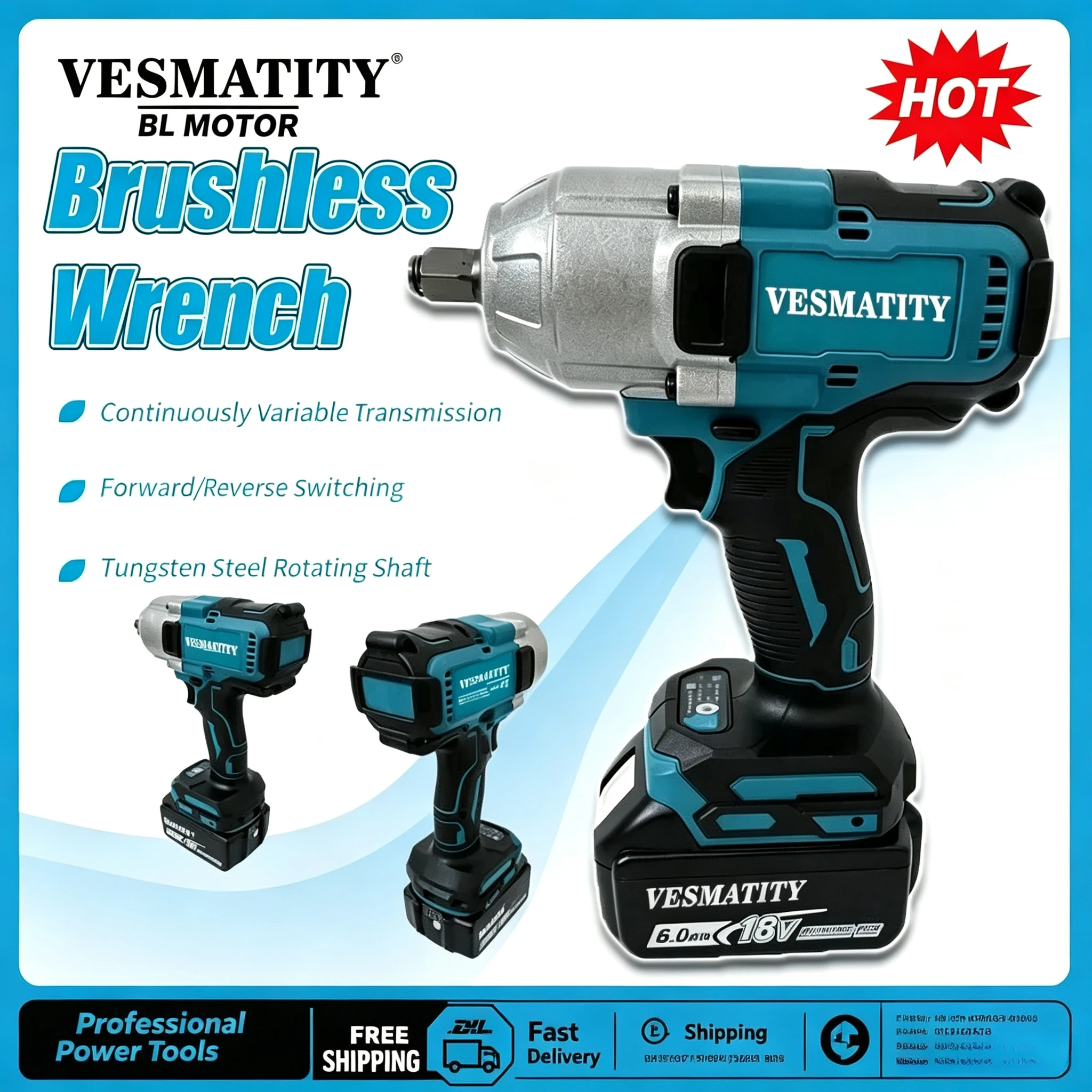 Cordless Impact Electric Wrench, Brushless High Power Shock Absorber for Car Repair, For Makita Battery