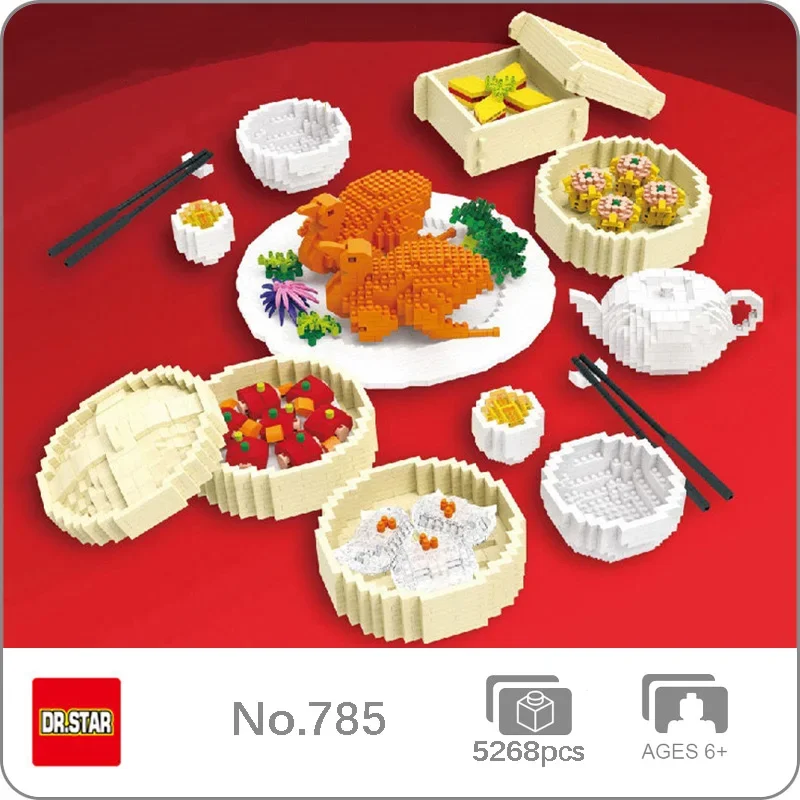 Dr.star 785 Morning Tea Dim Sum Roast Chicken Dumpling Food Teapot Chopsticks DIY Mini Diamond Blocks Bricks Building Toy No Box