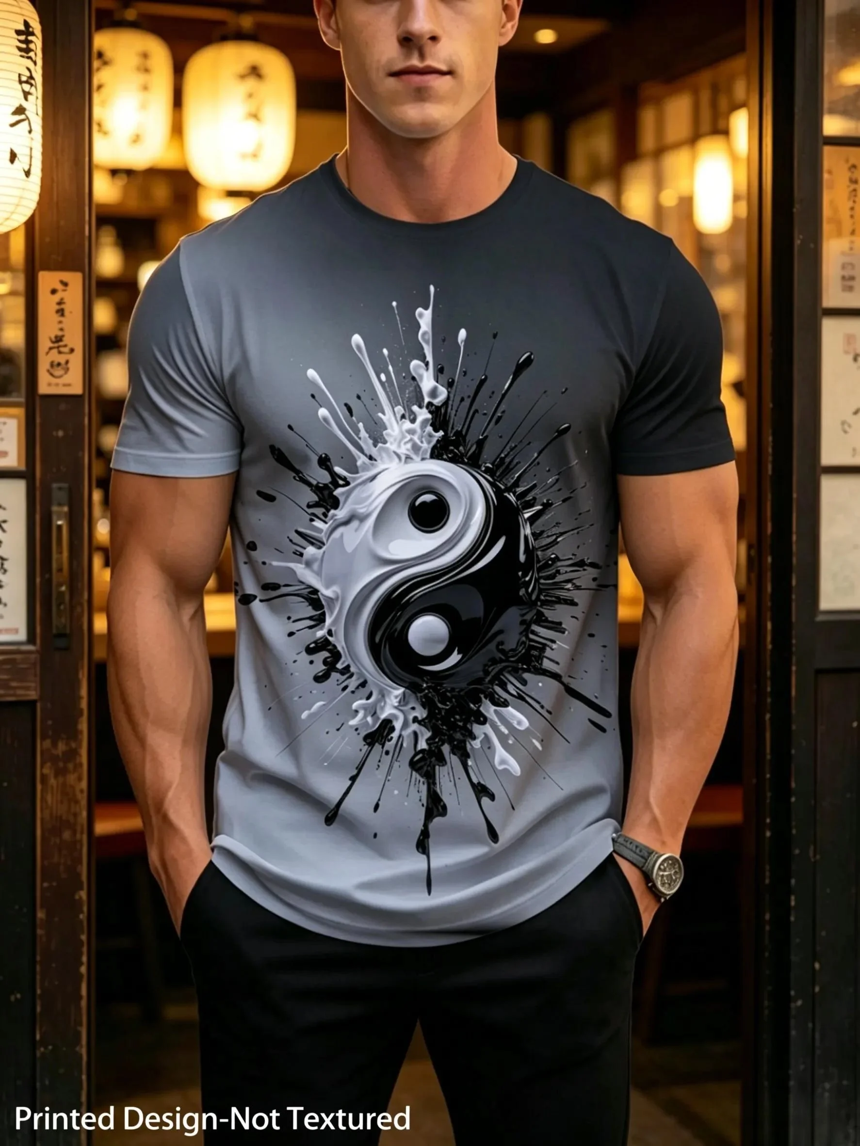 New men's short-sleeve T-shirt, loose-fitting and tailored with printed designs, versatile basic crew-neck top suitable for spri