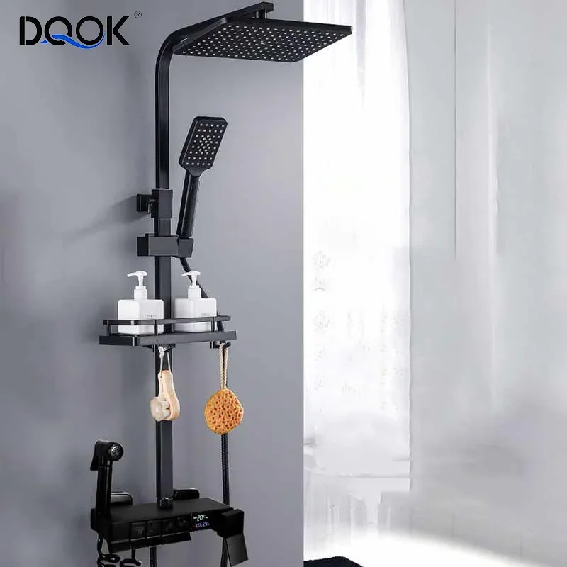 

Modern Bathroom Wall Mounted Piano Rain Shower Column System Exposed Black Thermostatic Shower Mixer Bath & Shower Faucet Set