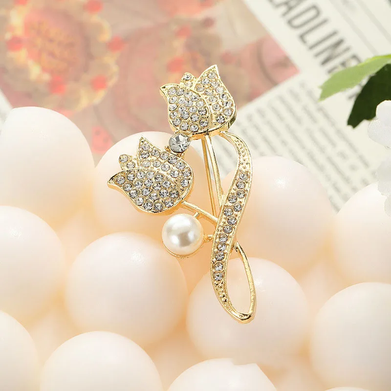 Cross border new light luxury full diamond tulip brooch for women with high-end feel, elegant temperament, brooch