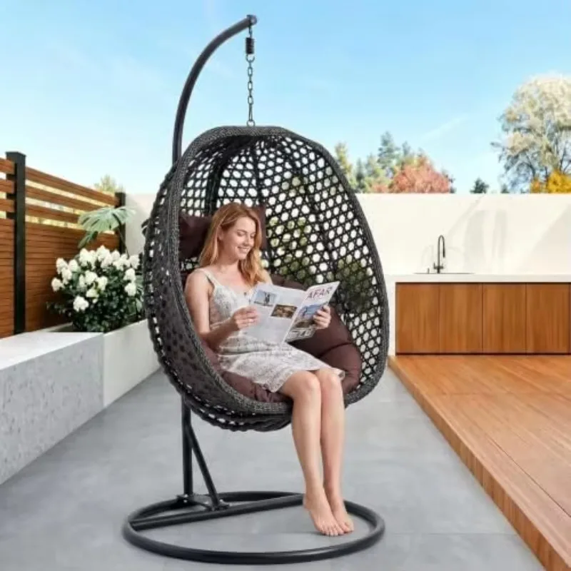 Egg Swing Chair Outdoor Indoor, Hanging Egg Chair with Stand, Black Wicker Swing Chair,UV Resistant Cushion 300 LBS