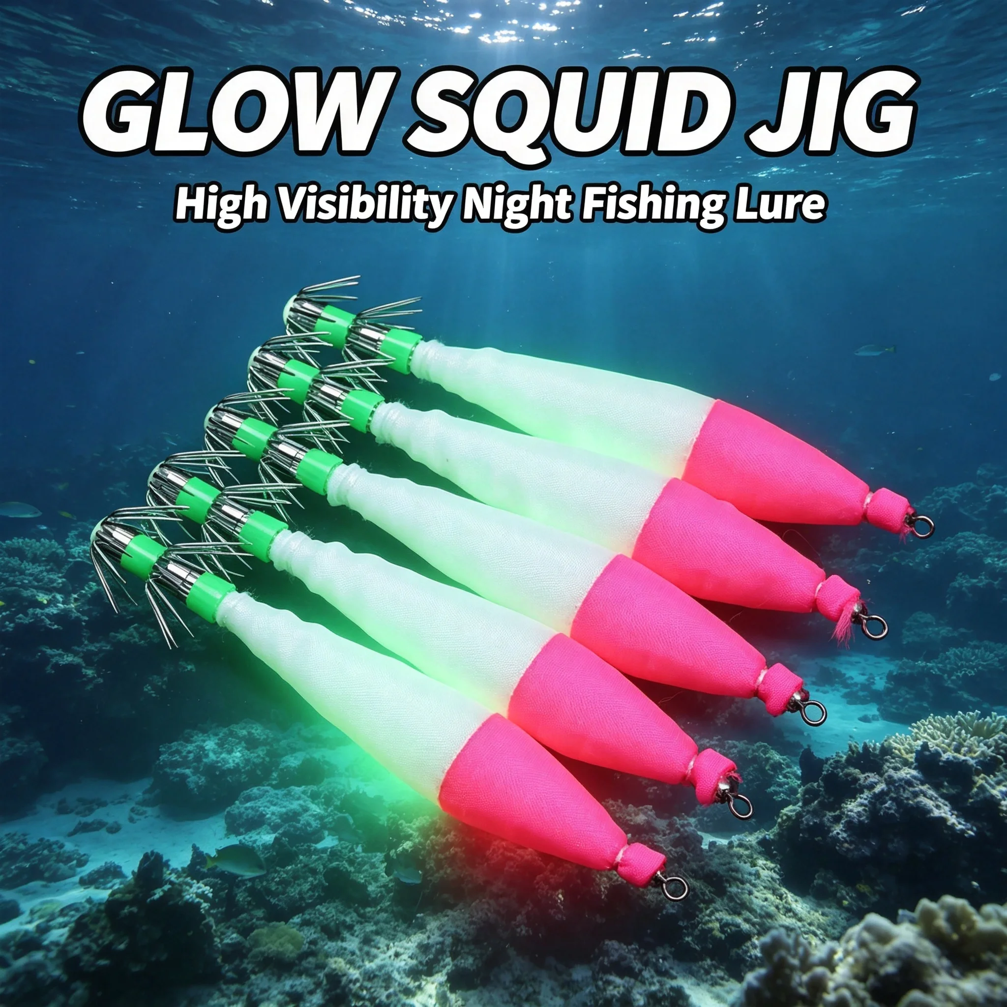 Multi-Style Luminous Squid Egi Bait with Glowing Body And Fluorescent Hook Fitting for Offshore Night-Time Squid-Fishing