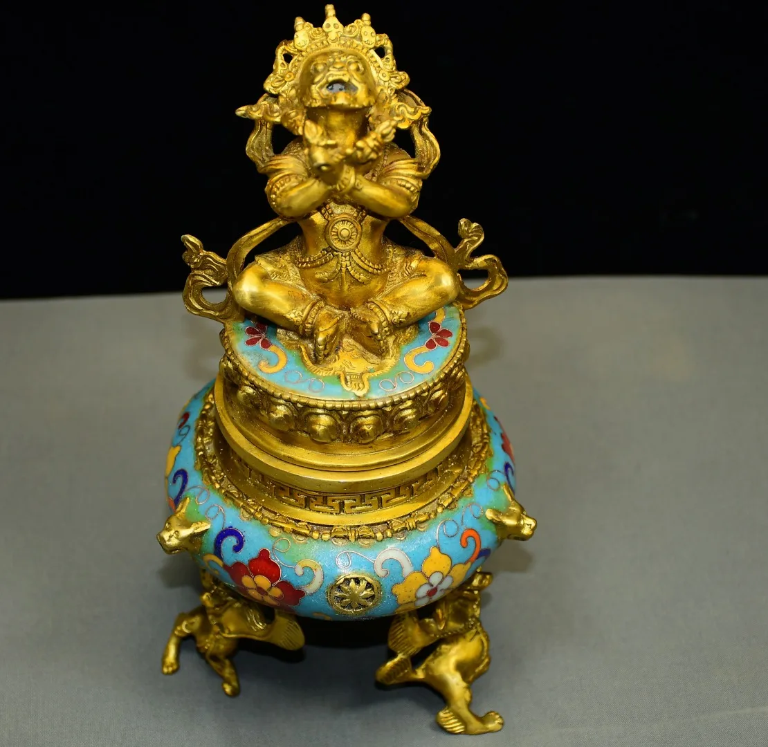 Old Bronze Cloisonne Gilded Vajradhara Sitting on Buddha's Cover Lion statue three legged incense burner Wenfang screen