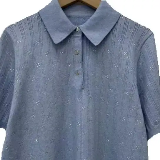 

Spring/Summer Women Turn-down Collar Imitation Diamond Short Sleeve Hollow Solid Knit Shirt Slim Soft Elegant Knitwear Top