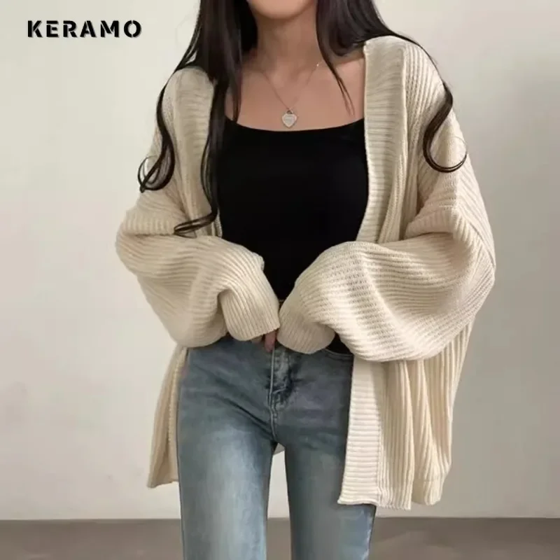 2024 Winter Casual Vintage Oversized Knitting Long Sleeve Cardigans Women Sweet Solid Color Female Loose Open Stitch Sweater