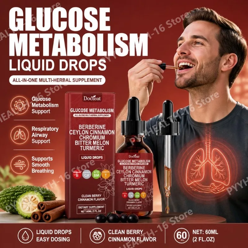 Docteat Glucose Metabolism Liquid Drops with Berberine and Ceylon Cinnamon, Supports Smooth Breathing and Clean Airways, 60 ML