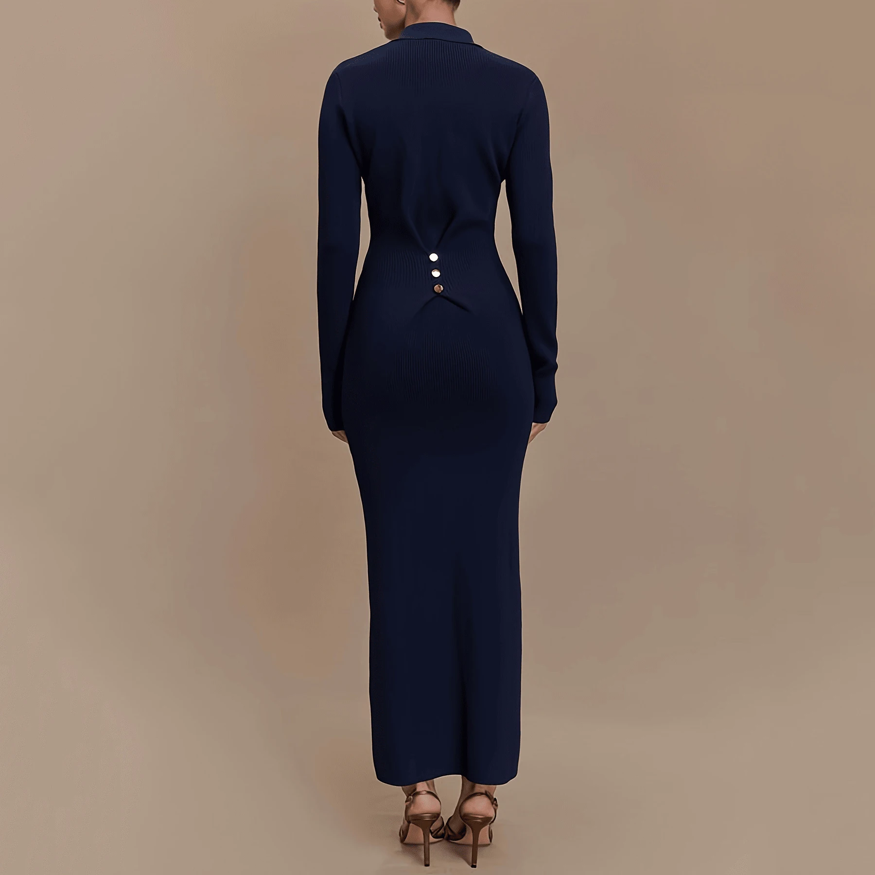 Neue frauen Gestrickte Maxi Kleid Herbst Winter Revers Langarm Vestidos Elegante Slim Fit Dame Pendeln Bodycon Langes Kleid