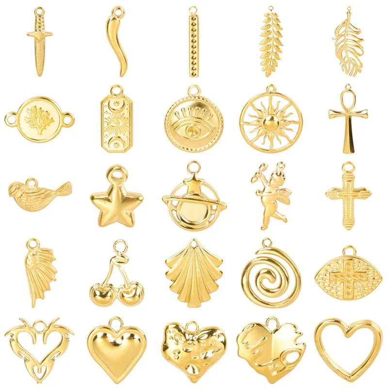 5pcs/Lot Gold Color No Fade Evil Eye/Cross Charms Heart Angel Stainless Steel Pendants For Jewelry Making Supplies DIY Earrings