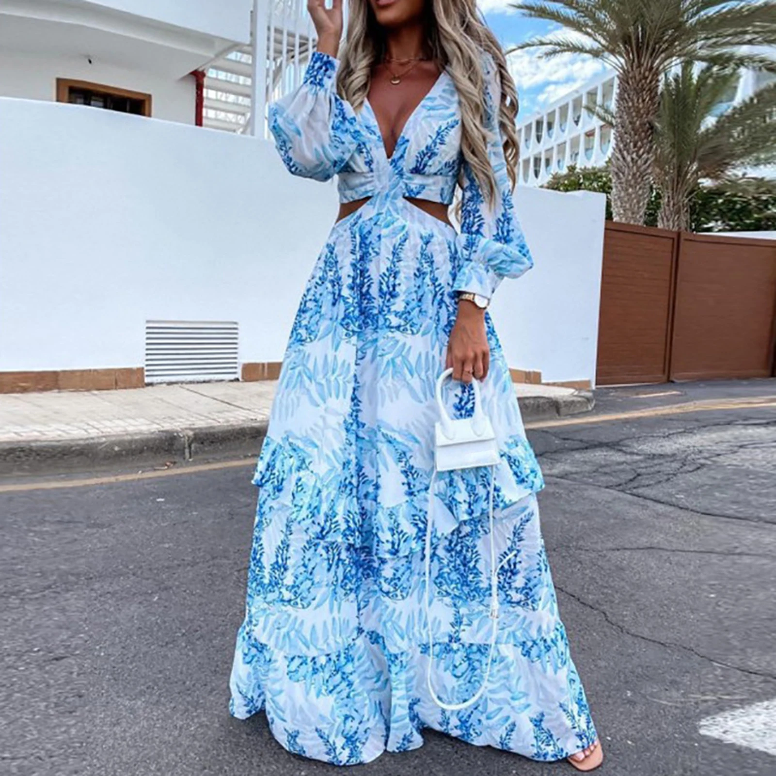 Formal Dress Fashion Print Hollow Out Lantern Sleeve Summer Pleats A-Line Maxi Dress Female Sexy Long Dress for Wedding Party