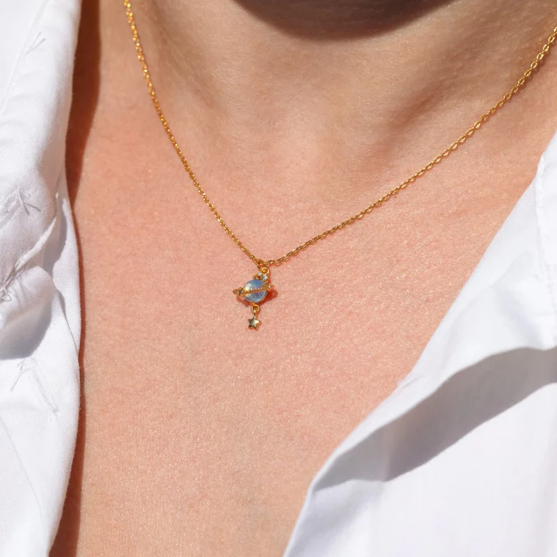 Blue Jupiter Necklace Female Fashion Creative Planet Saturn Necklace Planet Pendant Collarbone Chain Jewelry