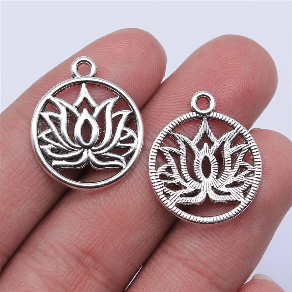 WYSIWYG 20pcs 19x19mm Antique Silver Color Round Lotus Charms Pendant For Jewelry Making DIY Jewelry Findings